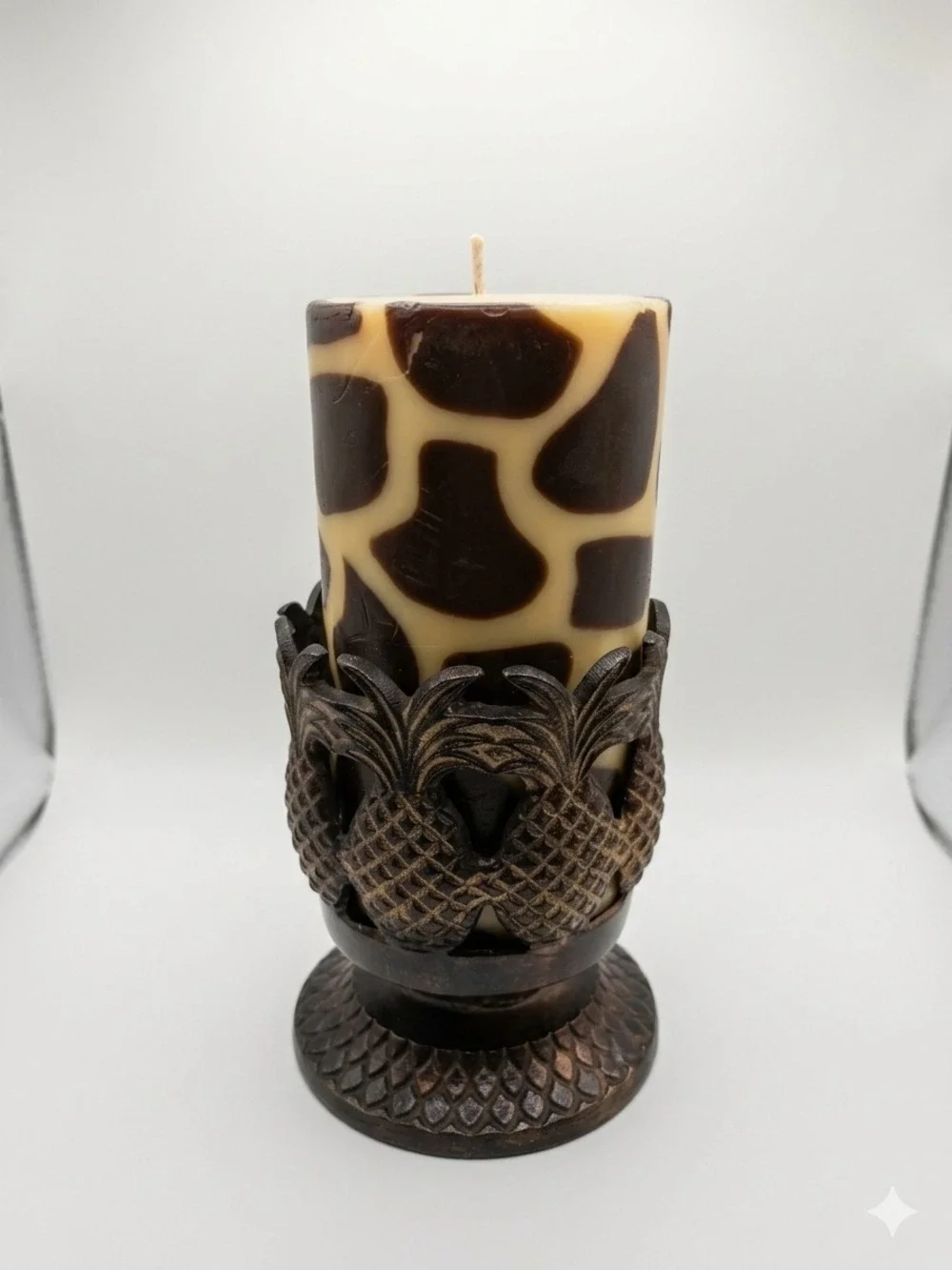 Bass Giraffe Pattern Pillar Candle Brown Cream Pineapple Holder